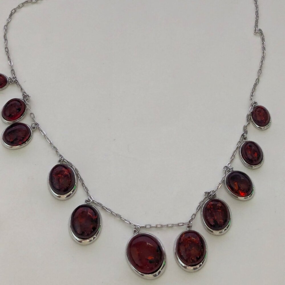 BBJ 925 Sterling Silver Baltic Amber Graduated Cabochons Necklace